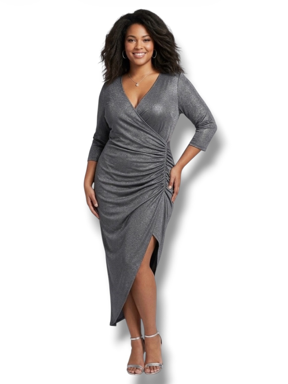Hot Kiss NWT Metallic Silver Gray Ruched Asymmetrical Wrap Midi Dress Plus 2X